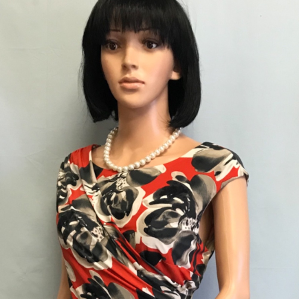 LESLIE FAY Orange‎ & Gray Flower Faux Wrap Stretch Dress 8 NWT